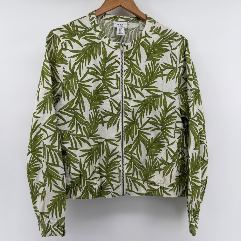 Nicole Miller New York Linen Palm Leaf Print Bomber Jacket Green White Large